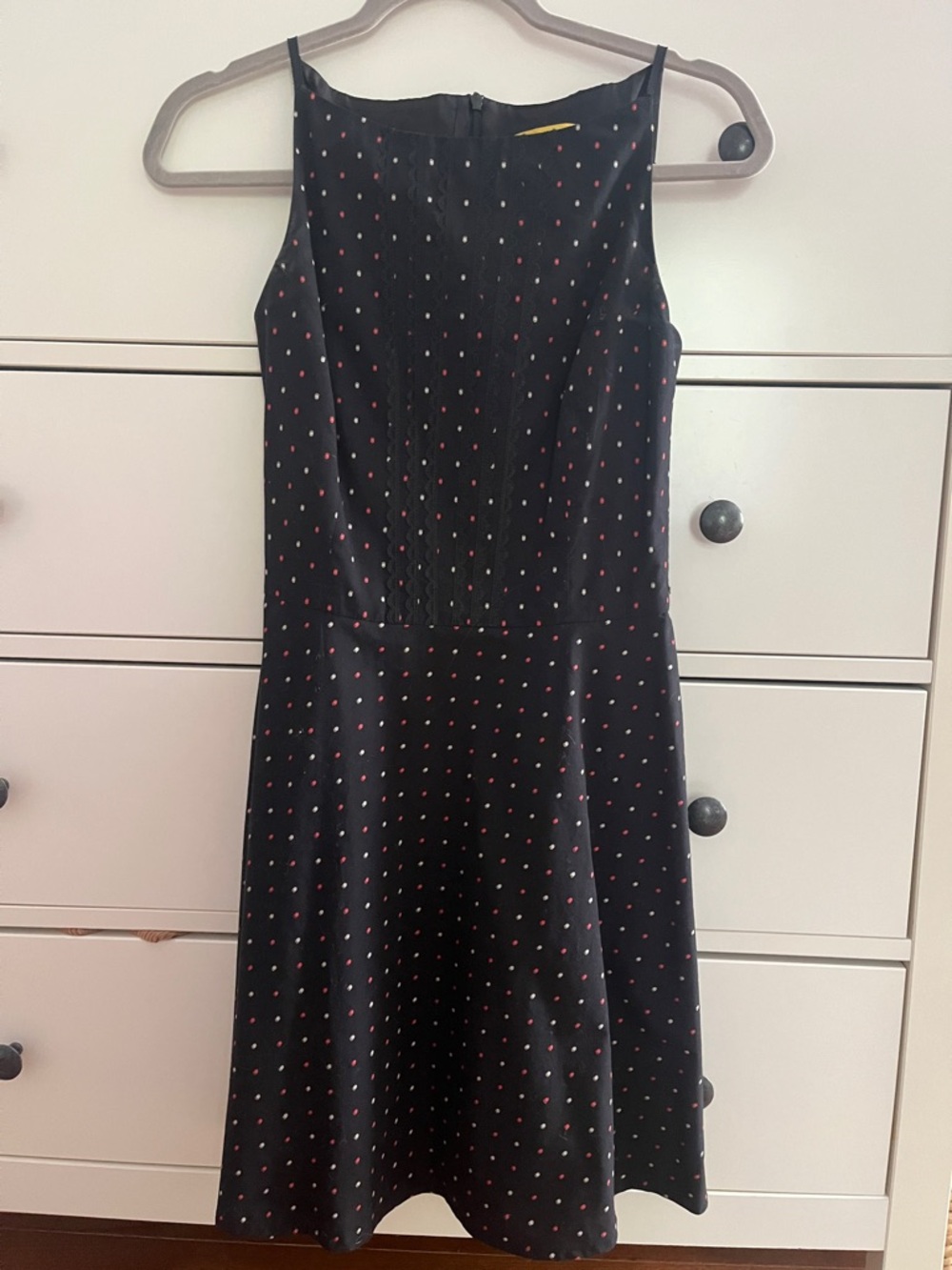Black Sleeveless Midi Dress with Red and White Dot Print